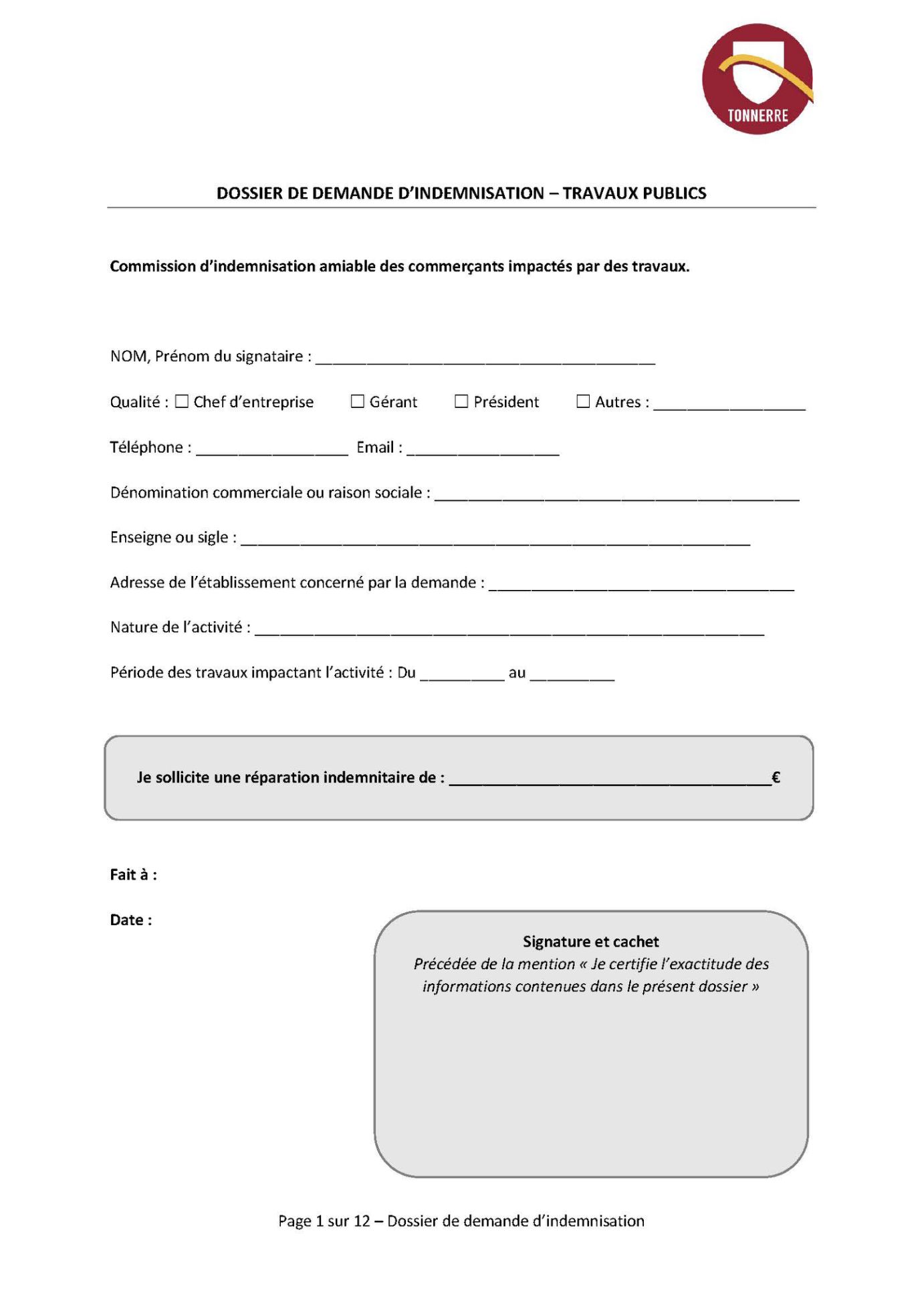 Dossier de damande d'indemnisation